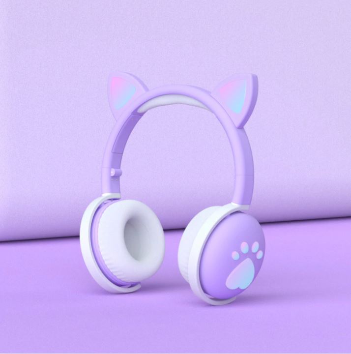 Casque chat kawaii Bluetooth lumineux LED violet pastel