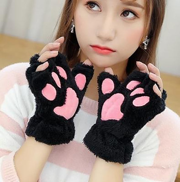Gant Mitaine Hiver Gris Patte Chat Ou Ours Peluche Chaud Et Confortable Style Kawai Japonisant